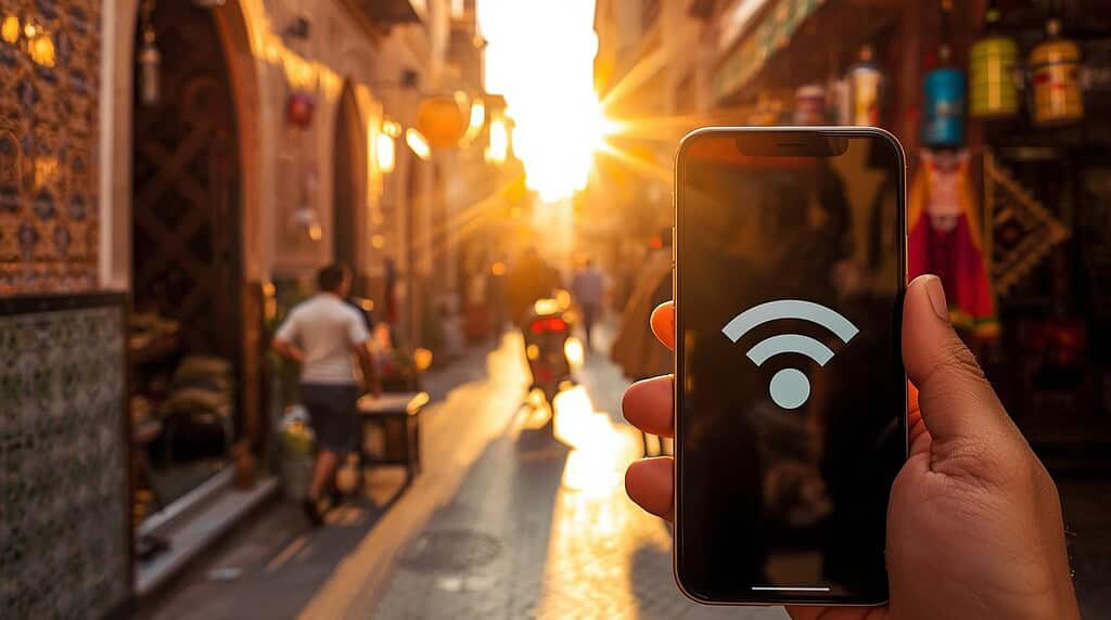 Téléphone affichant le Wi-Fi dans une ruelle de souk au coucher du soleil